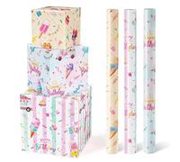 WERNNSAI Ice Cream Wrapping Papers - 3 Rolls Kids Birthday Wrapping Paper Pink Girls Birthday Wrap Paper Pastel Sweet Girls Gift Decoration with Cut Lines 43 x 305 cm