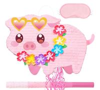 WERNNSAI Luau Pig Pinata - Hawaiian Tropical Party Decorations Pink Piglet Pinata with Stick and Blindfold for Hawaiian Birthday Decor Aloha Summer Pool Party Supplies