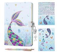 WERNNSAI Mermaid Journal Set - Glitter Diary Gift for Girls Kids Blue School Travel Private Notebook Hardcover A5 Lined Memos Writing Drawing Notepad Ballpoint Pen Stickers with Lock and Keys