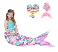 WERNNSAI Mermaid Tail Blanket - Wearable Mermaid Soft Blanket with Glitter Stars Sequin Hairpin Bracelet for Girls Teens Pink Soft Flannel Snuggle Blanket 140 x 60cm Gift for Birthday Christmas