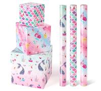 WERNNSAI Mermaid Wrapping Papers - 3 Rolls Girls Birthday Wrapping Paper Pink Mermaid Gift Wrap Rolls for Girls Kids Birthday present Decorations with Cutting Lines 43cm x 305cm
