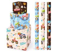WERNNSAI Monster Truck Wrapping Paper Rolls - 3 Short Rolls 17 in x 120in Monster Jam Truck Birthday Gift Wrapping Paper for KIds Boys Birthday Racing Theme Party Decorative Supply,Beige Blue Brown