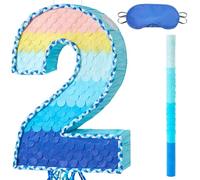 WERNNSAI Number 2 Pinata - 2nd Birthday Decorations Blue Number Pinata with Blindfold and Stick for Two Sweet Party Supplies 2 Year Anniversary Decoration Photo Props Gradient