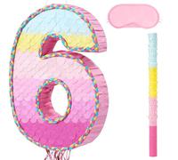 WERNNSAI Number 6 Pinata - Pink 6th Birthday Party Decorations 6 Birthday Pinata with Stick Blindfold Pull Strings for 6th Anniversary Party Decorations Carnival Supplies