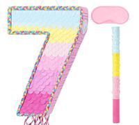 WERNNSAI Number 7 Pinata - Pink 7th Birthday Party Decorations 7 Birthday Pinata with Stick Blindfold Pull Strings for 7th Anniversary Party Decorations Carnival Supplies