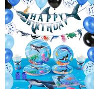 WERNNSAI Ocean Party Supplies - 88 PCS Under the Sea Party Decorations Ocean AnimalTableware Plates Napkins Tablecloth Shark Birthday Banner Ballons for Boys Kids Birthday Serves16 Guests