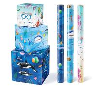 WERNNSAI Ocean Wrapping Paper - 3 Rolls Shark Birthday Wrapping Paper Boys Gift Wrap Paper Blue Kids Birthday Wrap Paper Sea Fish Whale Shark Gift Wrap 43 x 305cm with Cut Lines