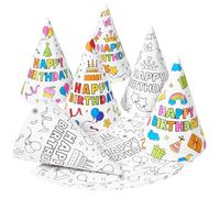 WERNNSAI Party Hats for Kids - 12 PCS DIY Craft Coloring Birthday Cone Hats Happy Birthday Decorations White Paper Headwear with Elastic String for Kids Adults Family Classroom Activities Supplies