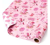 WERNNSAI Pink Cowgirl Wrapping Paper Roll - 1 Roll Western Gift Wrapping Paper Wild West Girl Gift Packing for Birthday Party Reversible Cow Pattern Design 43cm x 5m