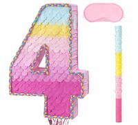 WERNNSAI Pink Number 4 Pinata - 4th Birthday Decoration Rainbow Number Pinata with Blindfold and Stick for 4th Birthday Party 4 Year Anniversary Decoration Party Supplies