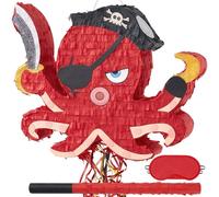 WERNNSAI Pirate Octopus Pinata - Red Pirate Birthday Decoration Animal Pinata with Blindfold and Stick for Adventure Caribbean Party Decoration Ocean Birthday Anniversary Carnival Celebration Supplies