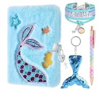 WERNNSAI Plush Mermaid Notebook Set - Glitter Diary for Kids Embroidery Patterns Journal School Travel Notepad Ballpoint Pens Key Rings Bracelets Locks Keys