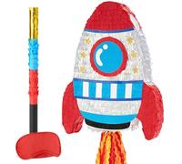 WERNNSAI Rocket Pinata - Rocket Ship Pull String Pinata with Blindfold and Stick for Space Birthday Party Decoration Spaceship Party Games for Baby Shower Celebration Supplies