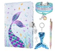 WERNNSAI Sequins Secret Diary for Girls with Lock and Keys, Mermaid Journal Gift Set for Girls A5 Travel School Office Notebook with Pen Bracelet Key-chain Birthday Presents Age 5-10 Year