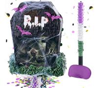 WERNNSAI Tombstone Pinata - Halloween Party Decorations Gravestone Halloween Pinata with Blindfold Stick Confetti Spider Web for Spooky Party Decor Trick or Treat Game Scary Outdoor Decorations Tombst
