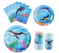 WERNNSAI Under The Sea Party Decorations - 64 Pcs Ocean Animal Birthday Decorations for Kids Summer Party Plates Cups Napkins Kids Birthday Tableware Set for 16 Guests Blue