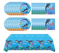 WERNNSAI Under the Sea Party Supplies - 48PCS Ocean Birthday Plates Napkins Tablecloth for Kids Boys Blue Sea Animal Party Supplies Tableware Underwater Summer Beach Decorations Serves 16 Guests