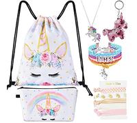 WERNNSAI Unicorn Drawstring Backpack - 9PCS Gym Bags Set With Makeup Cosmetic Bag, Pink Key-chain, Necklace, Bracelet, Hair Ties - Gifts for Girls Birthday Christmas