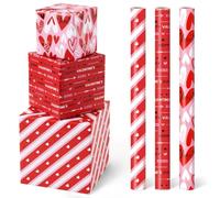 WERNNSAI Valentines Wrapping Paper Rolls - 3 Roll 17”x 120” Happy Valentines Day Gift Wrap Supply Red Love Heart Stripe Design Girls Princess Style for Women Valentine Date Favor