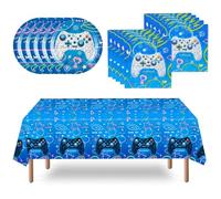WERNNSAI Video Game Party Supplies Set - Blue Gaming Party Plates Napkins Tablecloth for Kids Boys Birthday Gamer Night Decoration Serves 16 Guests