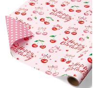WERNNSAl Cherry Wrapping Paper - 1 Roll Cute Cherry Bow Wrapping Paper for Girls Kids Birthday Gift Wrap Pink Birthday Present Packing Decoration Reversible Polka Dot Design 43cm X 5m