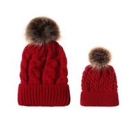 WERNZATT 2Pcs Parent-Child Hat Set Mommy and me Matching Hat Twisted Knit Winter Warm Puff Ball Cap Family Crochet Beanie (Wine Red, ONE Size)