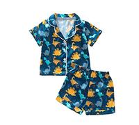 WERNZATT 2PCs Toddler Baby Boys Girls Pyjamas Set Silk Satin Short Sleeve Button Lapel Shirt Shorts Kids Sleepwear Nightwear Loungewear (Dinosaur Blue, 2-3 Years)