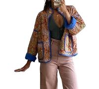 WERNZATT Cropped Puffer Jacket for Women Y2K Floral Print Open Front Quilted Coat Lightweight Long Sleeve Padded Jacket Outerwear (Khaki, S)