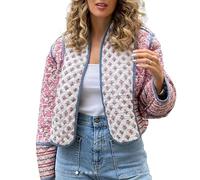 WERNZATT Cropped Puffer Jacket for Women Y2K Floral Print Open Front Quilted Coat Lightweight Long Sleeve Padded Jacket Outerwear (Pink, M)