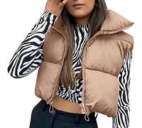 WERNZATT Cropped Puffer Vest for Women Winter Lightweight Zip Up Stand Collar Sleeveless Padded Gilet Warm Outerwear Jacket (Khaki without Pockets, L)
