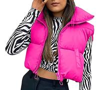 WERNZATT Cropped Puffer Vest for Women Winter Lightweight Zip Up Stand Collar Sleeveless Padded Gilet Warm Outerwear Jacket (Rose Red with Pockets, M)