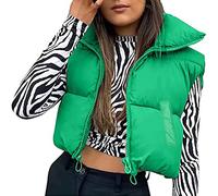 WERNZATT Cropped Puffer Vest for Women Winter Lightweight Zip Up Stand Collar Sleeveless Padded Gilet Warm Outerwear Jacket (Green with Pockets, M)