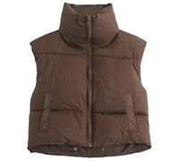 WERNZATT Cropped Puffer Vest for Women Winter Lightweight Zip Up Stand Collar Sleeveless Padded Gilet Warm Outerwear Jacket (Coffee with Pockets, L)