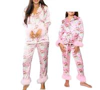 WERNZATT Family Matching Christmas Pajamas Set Mommy and Me Feather Trim Long Sleeve Button Down Shirts and Pants Xmas Sleepwear for Mother Daughter (Kids, 8 Years, Pink Santa)