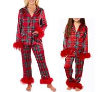 WERNZATT Family Matching Christmas Pajamas Set Mommy and Me Feather Trim Long Sleeve Button Down Shirts and Pants Xmas Sleepwear for Mother Daughter (Women, L, Red Plaid)