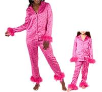 WERNZATT Family Matching Christmas Pajamas Set Mommy and Me Feather Trim Long Sleeve Button Down Shirts and Pants Xmas Sleepwear for Mother Daughter (Kids, 10 Years, Pink Snowflake)