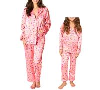 WERNZATT Family Matching Christmas Pajamas Set Mommy and Me Feather Trim Long Sleeve Button Down Shirts and Pants Xmas Sleepwear for Mother Daughter (Kids, 11 Years, Colorful Light String)