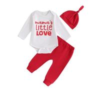 WERNZATT Infant Baby Boy My First Valentine’s Day Outfits Long Sleeve Romper Tops Pants Hat Set 3Pcs Spring Fall Love Clothes (L White, 6-9 Months)