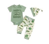 WERNZATT Infant Baby Boy Summer Clothes Daddy's Fishing Buddy Short Sleeve Romper Shirt Tops Fish Pants Hat Set Newborn Coming Home Outfits (I Green, 3-6 Months)