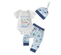 WERNZATT Infant Baby Boy Summer Clothes Daddy's Fishing Buddy Short Sleeve Romper Shirt Tops Fish Pants Hat Set Newborn Coming Home Outfits (C Blue, 0-3 Months)