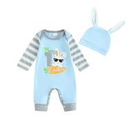 WERNZATT Infant Baby Boys Girls First Easter Outfit Letter Rabbit Carrot Print Jumpsuits Bodysuits with Hat Bunny Custome (A Blue, 0-3 Months)