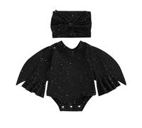 WERNZATT Infant Baby Girl Bat Costumes Glitter Batwing Long Sleeve Romper with Bow Headband My First Halloween Cosplay Party Outfit (Black, 12-18 Months)