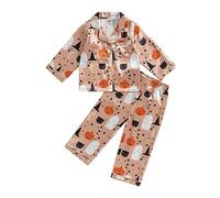 WERNZATT Kids Baby Boy Girl Halloween Clothes 2 Piece Satin Pajamas Set Long Sleeve Button Down Shirts Tops Pants Lounge PJS Sleepwear Nightwear Homewear (G Orange Ghosts, 12-18 Months)