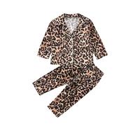 WERNZATT Kids Baby Boy Girl Satin Pajamas Set PJS Long Sleeve Button Down Sleepwear 2 Piece Lounge Tops Pants Nightwear Homewear (Leopard, 6-7 Years)