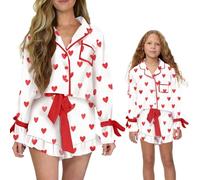 WERNZATT Mommy and Me Matching Pajama Set Long Sleeve Button Shirt Tops Tie-up Bow Ruffled Shorts Pjs Sets Valentine's Day Loungewear (Girls, 8 Years, A Red)