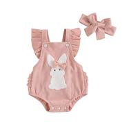 WERNZATT My First Easter Baby Girl Outfit Newborn Rabbit Sleeveless Overalls Romper Baby Girl Bunny Carrot Embroidery Clothes (A Pink, 12-18 Months)