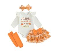 WERNZATT Newborn Baby Girl My First Halloween Outfit Infant Long Sleeves Romper Layered Skort Skirt Headband Socks Thanksgiving Fall Clothes Set (C White, 6-9 Months)