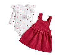 WERNZATT Newborn Baby Girls Valentine's Day Outfits Heart Print Ribbed Romper Tops Suspender Skirt Sets Fall Winter Clothes (A White&Red, 12-18 Months)