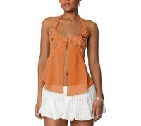 WERNZATT Sequin Cami Top for Women Y2K Sleeveless Split Hem Tie up Halter Crop Tops Sexy Sparkle Backless Low Cut Going Out Camisole (A Halter Orange, S)