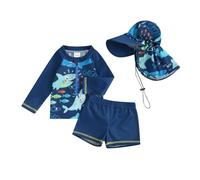 WERNZATT Toddler Baby Boys 3 Pieces Swimsuit Set Swimwear Dinosaur Shark Zipper Bathing Suit UPF 50+ Rash Guards with Hat (ZB Long Sleeve Blue Fish, 6-12 Months)